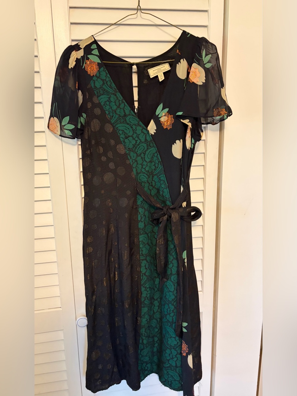 Anthropologie Black & Green Floral Lace-Trim Wrap Midi Dress